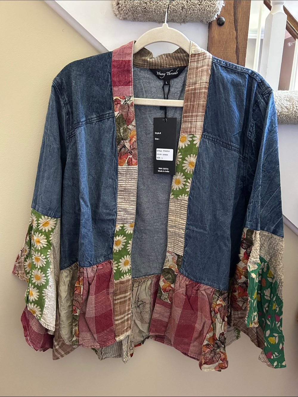 YOUNG THREADS NWT Kimono Denim Multicolor Patterned size Small - Xlarge - Picture 3 of 3
